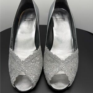 Stuart Weitzman Chantelle Silver Peep-Toe Heels